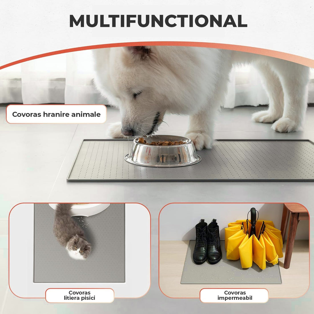 Covoras Hranire Silicon Elindor® pentru Caini si Pisici, Suport Antialunecare si Impermeabil pentru Boluri Hrana si Apa, Margine Inaltata 0.6 cm, Usor de Curatat, Rezistent, 60x40 cm, Potrivit pentru Calatorii si Utilizare Zilnica, Gri