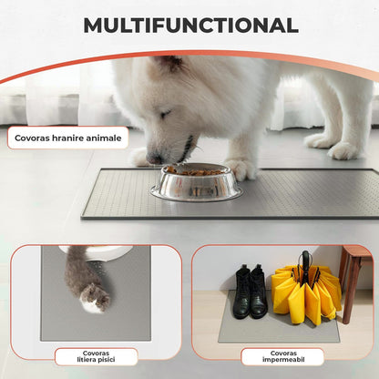 Covoras Hranire Silicon Elindor® pentru Caini si Pisici, Suport Antialunecare si Impermeabil pentru Boluri Hrana si Apa, Margine Inaltata 0.6 cm, Usor de Curatat, Rezistent, 60x40 cm, Potrivit pentru Calatorii si Utilizare Zilnica, Gri