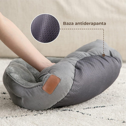 Pat Confortabil pentru Caini si Pisici Elindor®, Culcus Moale Antiderapant, cu Perna Detasabila din Microfibra Lavabila la Masina, Potrivit pentru Caine si Pisica de Talie Mica si Medie, Ideal in Orice Anotimp, in Casa, Marimea S, 51x48x15 cm, Gri