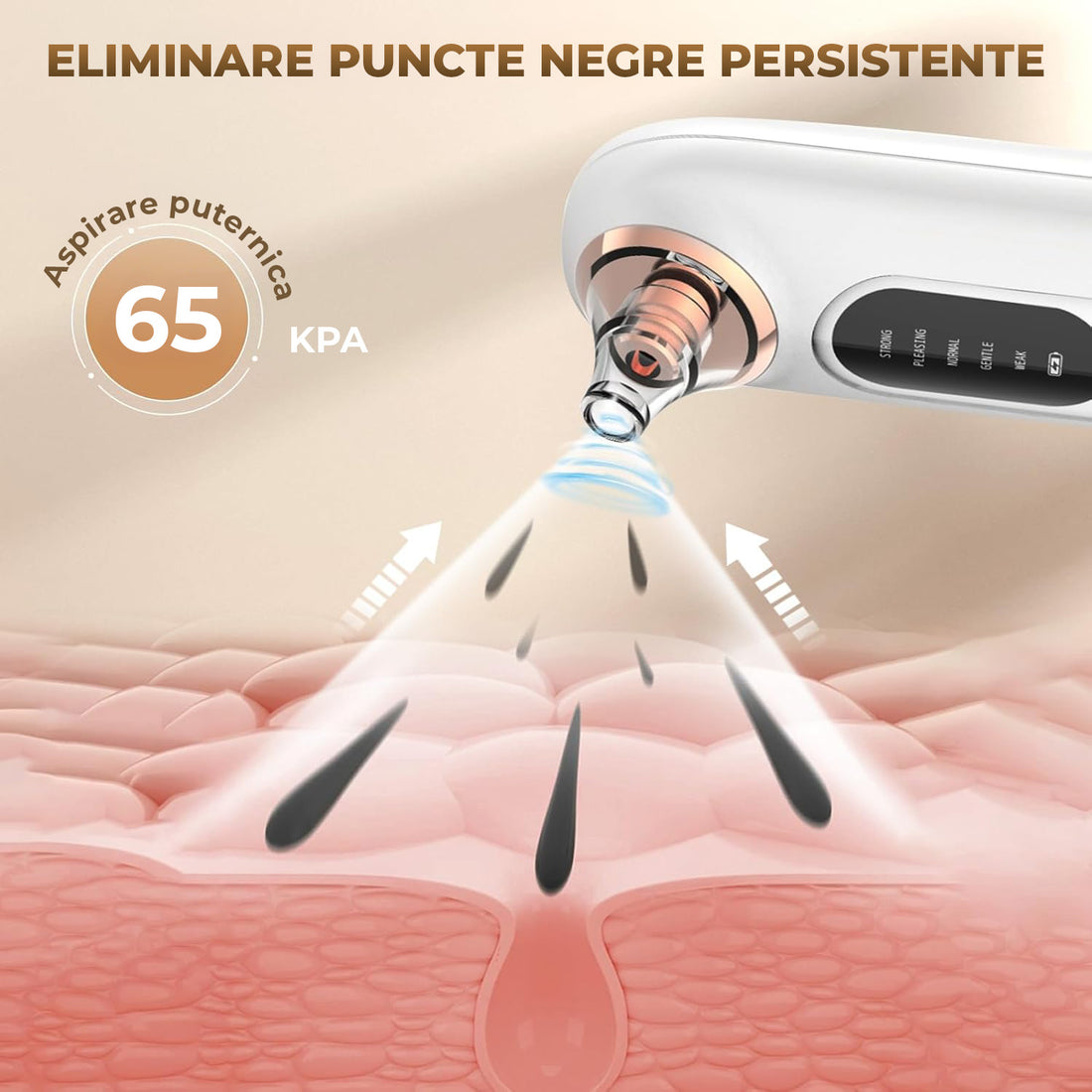 Aspirator Puncte Negre Elindor® 5 Trepte de Aspirare si Extractie pentru Fata, 4 Capete de Schimb, Tehnologie Vacuum pentru Ingrijire Ten, Extractor Sebum si Cosuri, Aparat Reincarcabil USB pentru Ingrijirea Tenului, Alb