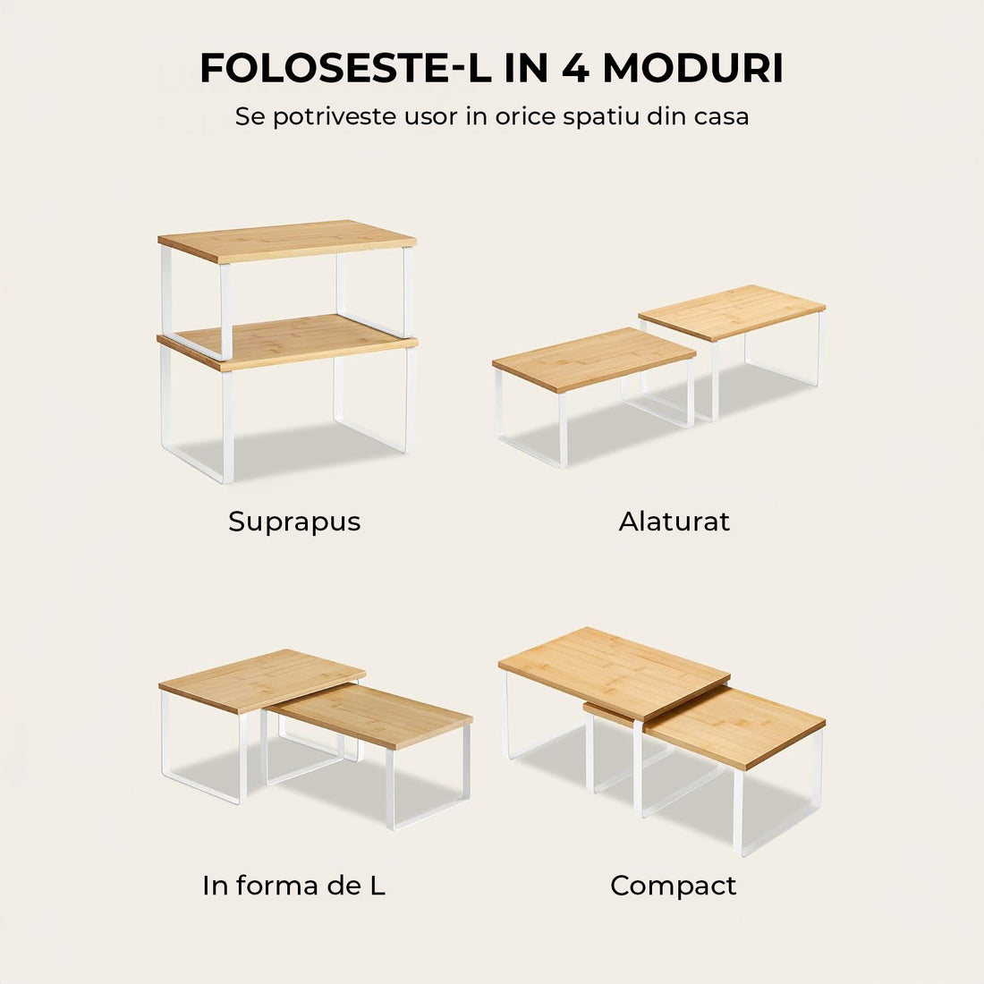 Set 2 Rafturi Elindor® din Bambus, Extensibil si Suprapus pentru Bucatarie, Organizator Metalic Reglabil, Ideal ca Etajera Depozitare in Camara sau Birou, Perfect pentru Condimente, Vesela, Farfurii, Stabil si Compact, Polita pentru Obiecte Diverse, Alb