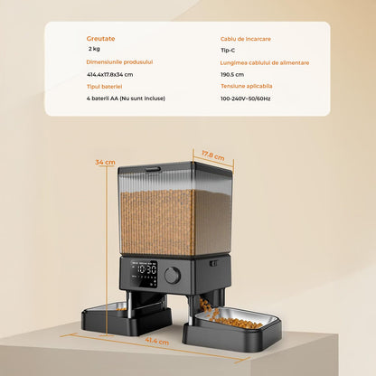 Dispenser Hranitor Automat Elindor® Dual, 5L, Boluri din Inox, Alimentare Dublă, Negru