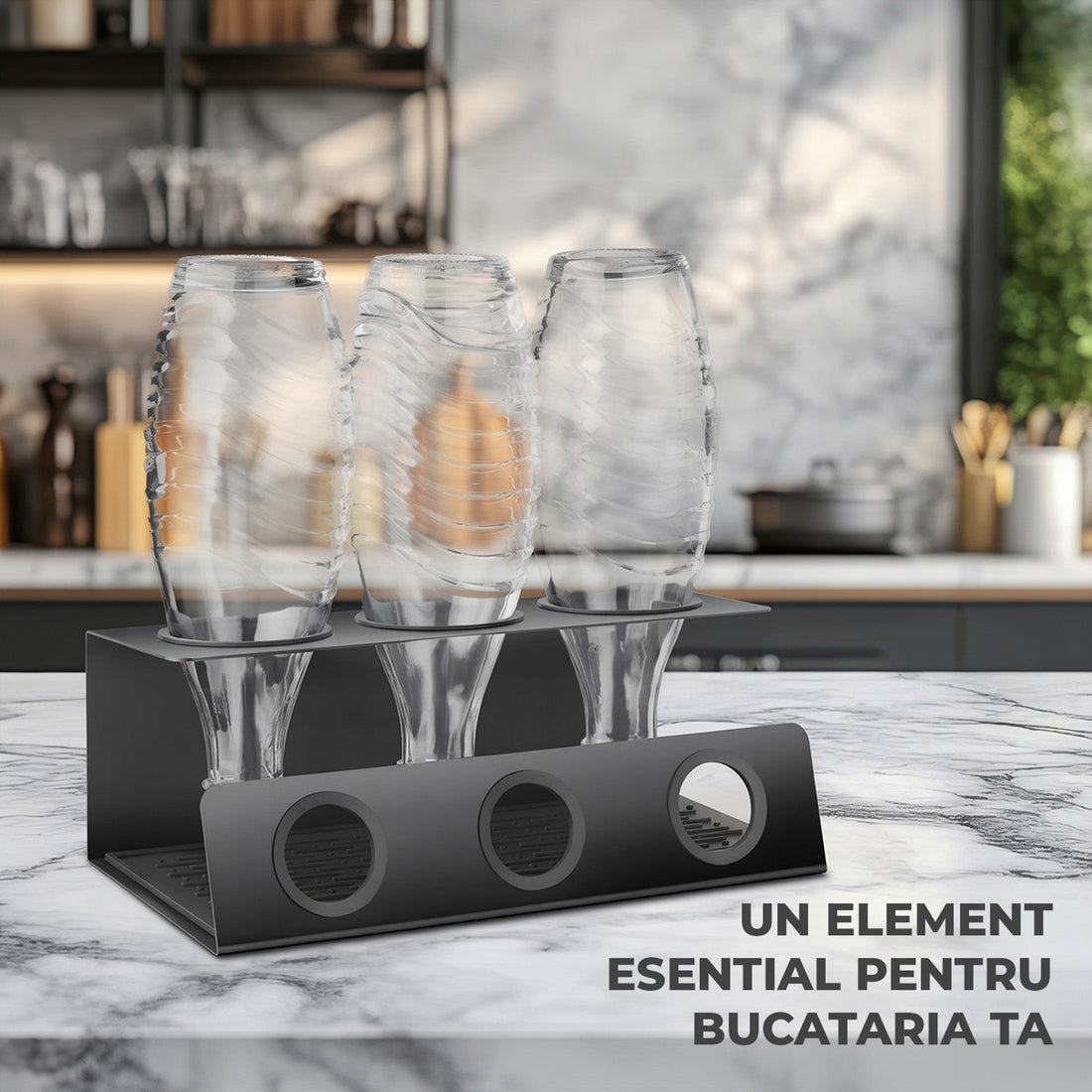 Scurgator de Sticle Elindor® cu 3 Orificii, Suport Scurgere Capace, Otel Inoxidabil, Ideal pentru Chiuveta in Bucatarie, Bar, cu Scurgere Automata si Ventilatie Completa, Multifunctional, 11.3 x 13.3 x 30 cm, Negru