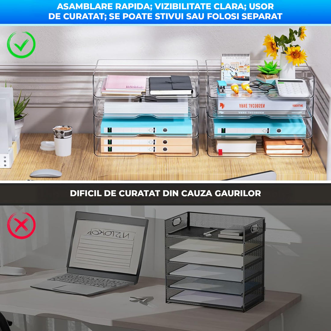 Set 4 Tavi de Depozitare Elindor® Cutii pentru Documente, Cutie cu 4 Compartimente Detasabile, Organizator de Birou, Potrivit si pentru Baie, Living, Bucatarie, pentru Creioane, Hartii, Rechizite, Pixuri, Suport Multufunctional, 33 x 25 x 27 cm, Transpare