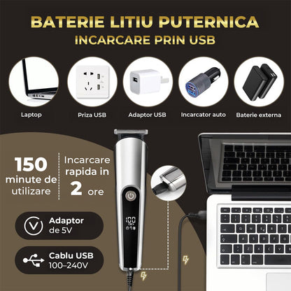 Aparat De Tuns 3 in 1 Elindor® Pentru Ingrijire Personala, Barba, Par, Nas/Urechi, Display LED, Lame Precise, Autonomie 2.5h, Argintiu