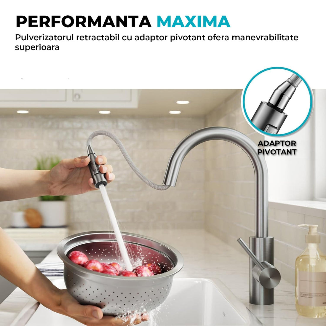 Baterie Bucatarie cu Dus Extractibil Elindor®, Jet Ajustabil, Design Modern, Argintiu