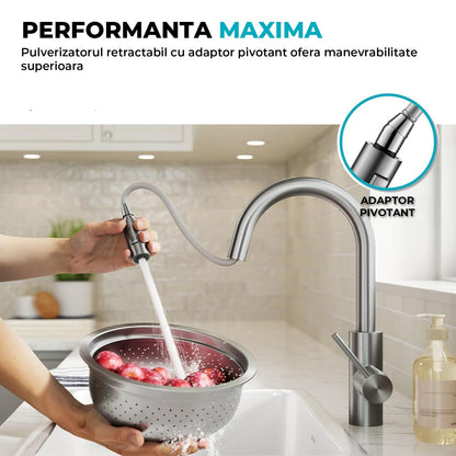 Baterie Bucatarie cu Dus Extractibil Elindor®, Jet Ajustabil, Design Modern, Argintiu