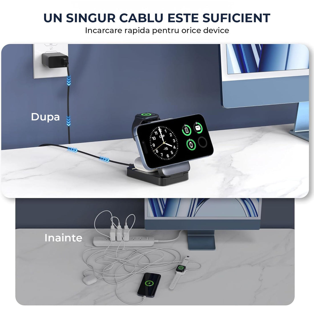 Incarcator Magnetic Elindor® Incarcare 3-in-1, MagSafe, 15W, Pliabil si Portabil, pentru iPhone, Apple Watch, AirPods, Gri