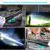 Lanterna LED Neagra Elindor® Profesionala, Extra Luminoasa, 2000 Lumeni, cu Acumulator / Baterie Reincarcabila (USB C), Design Tactic Militar, 5 Moduri, Fascicul cu Zoom, Rezistent la Apa, Multifunctionala, de Vanatoare, Pescuit, Drumetii