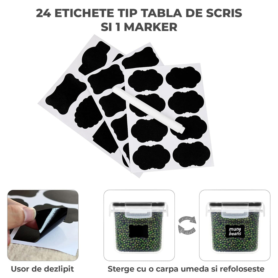 Set de 12 Caserole Elindor® Recipiente Ingrediente pentru Bucatarie, pentru Alimente Uscate, Recipient pentru Depozitare Cafea, Zahar, Paste, Cereale, Capac Etans, fara BPA, Potrivit pentru Congelator, Pix Alb Inclus si Etichete Negre, 9 x 10.5 x 15 cm, T