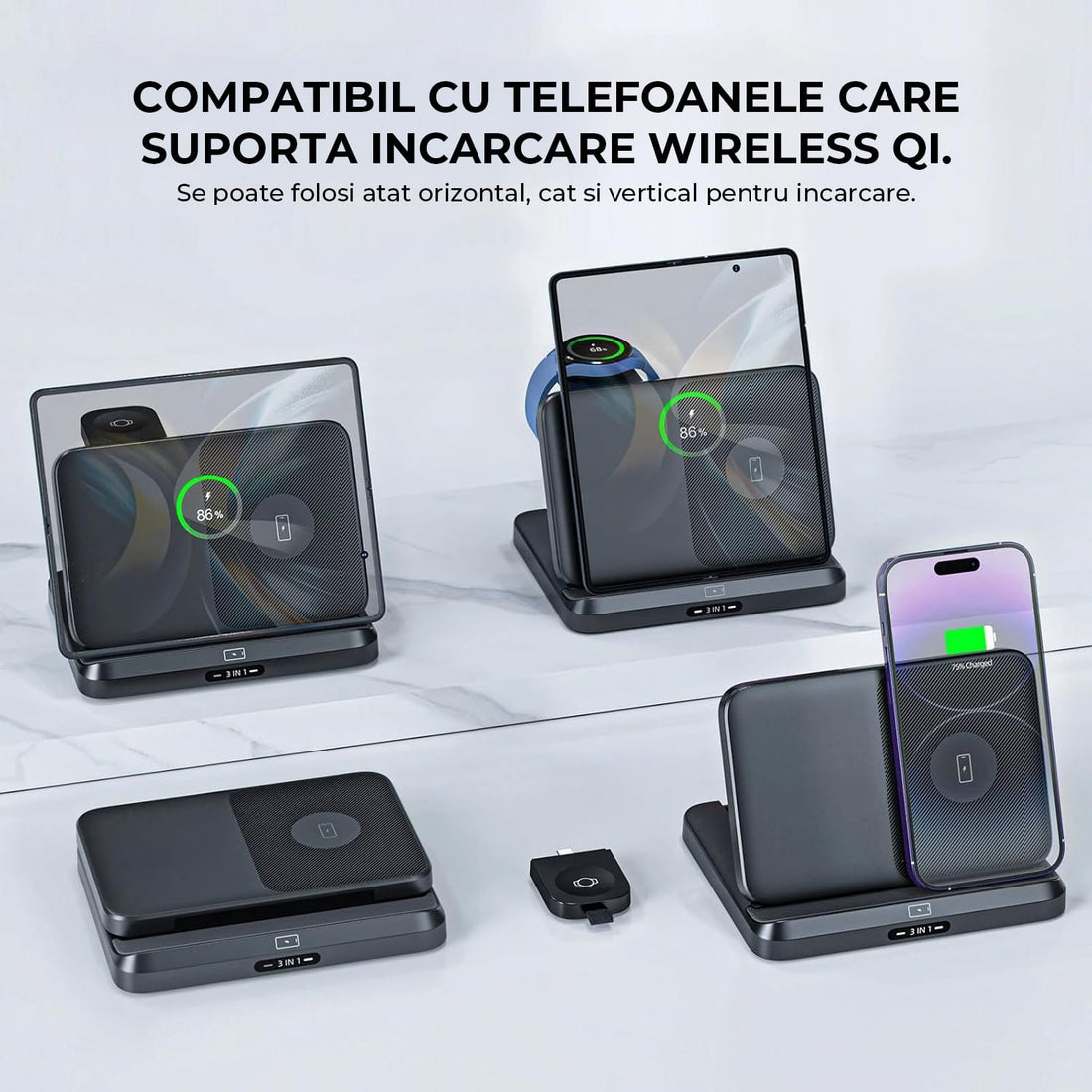 Incarcator Wireless 3-in-1 Elindor® pentru Samsung, Telefon, Ceas si Casti, Tehnologie Fast Charge, Negru