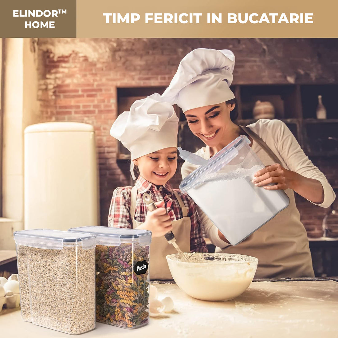 Set de 6 Recipiente Elindor® Mari, Caserole Ingrediente pentru Bucatarie, pentru Alimente Uscate, Recipient pentru Depozitare Cafea, Zahar, Paste, Cereale, Capac Etans, fara BPA, Etichete Reutilizabile, Marker, 4L, 9 × 10 × 15 cmTransparent