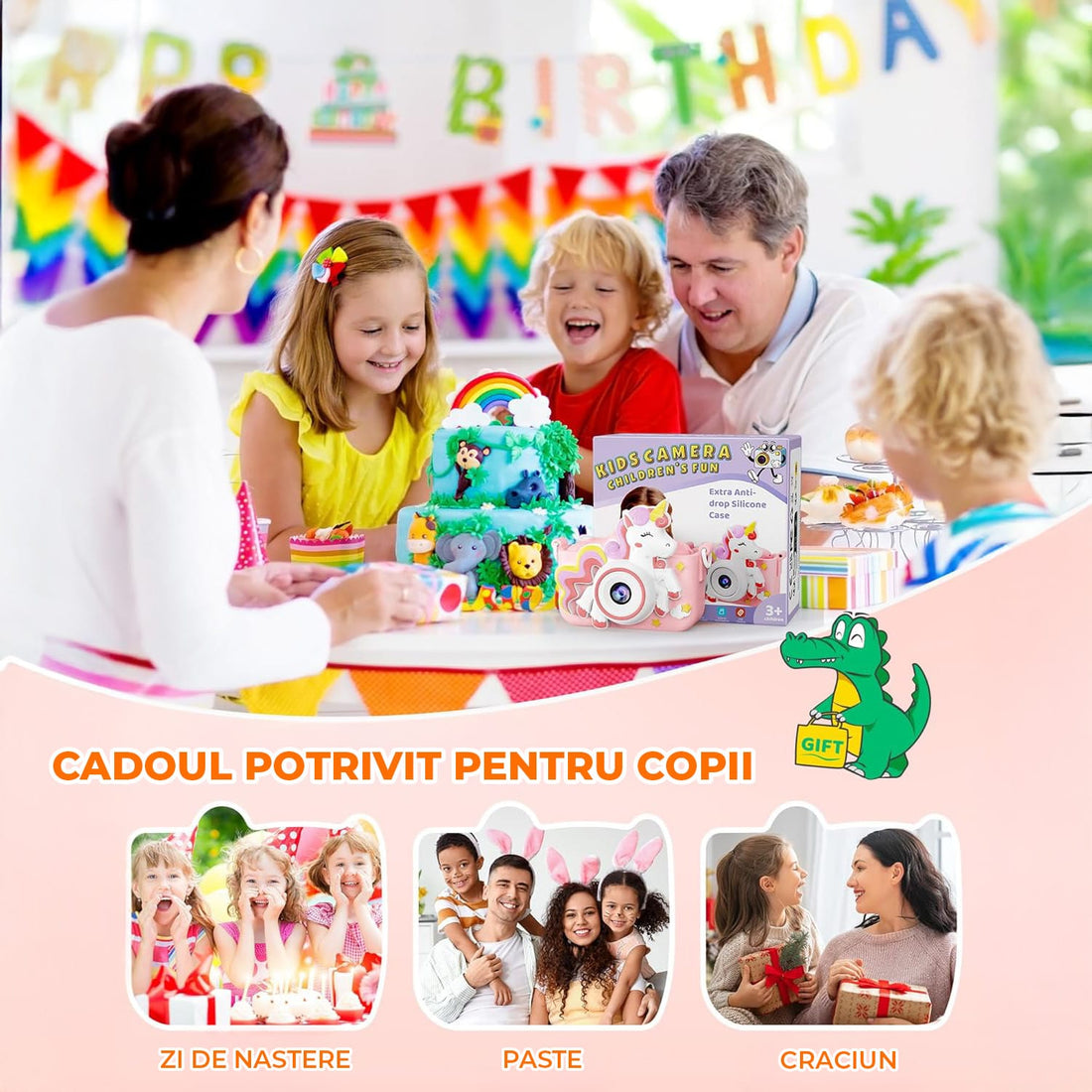 Cameră Foto Digitală Elindor® pentru Copii, Model Unicorn, 48MP, 1080P HD, Roz