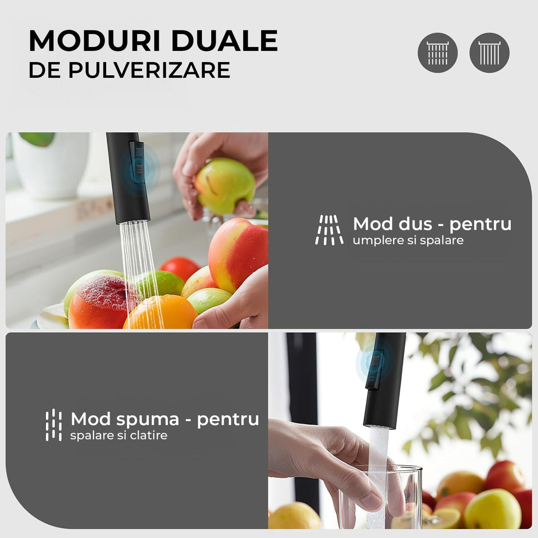 Baterie Chiuveta Neagra Elindor®, Robinet de Apa pentru Bucatarie, Jet Reglabil, Modern cu Pipa Flexibila, Cap Dus Extractabil cu Doua Functii, Monocomanda, Rotativ 360°, Otel Inoxidabil, Finisaj Mat