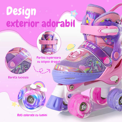 Role Reglabile Elindor® pentru Copii, Fete si Baieti, 4 Roti cu Lumini Quad, Ajutatoare, Rotile din Silicon, Rulmenti ABEC-7, Aluminiu / Poliuretan, Marimea S, 28-31, Model Unicorn, Mov