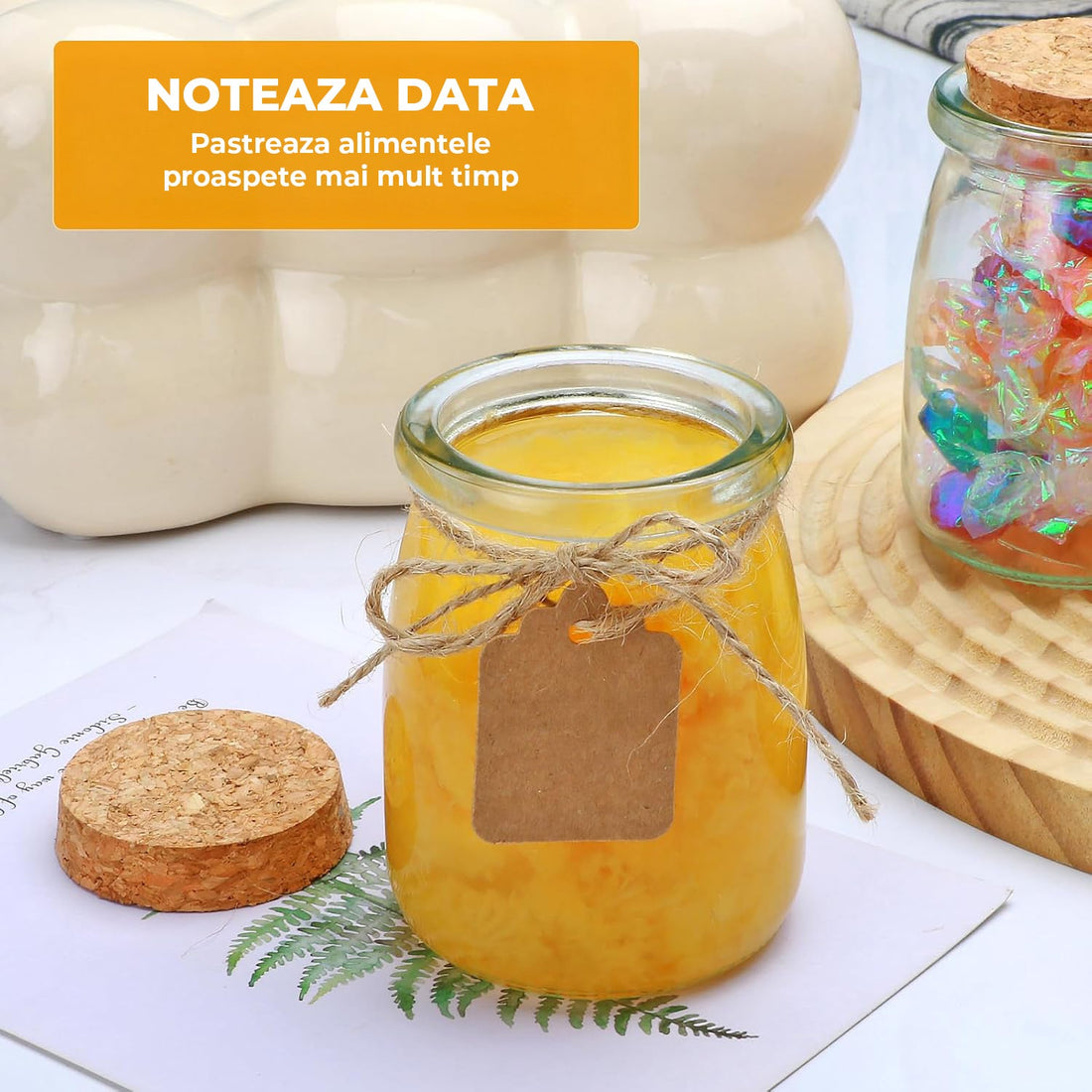 Set 20 Borcane Mici Elindor® din Sticla cu Capac Pluta, 200 ml, Borcane Iaurt, Desert, Miere, Marturii Botez, cu Etichete Personalizabile, Perfecte pentru Cadouri Creative si Evenimente Speciale, Transparent