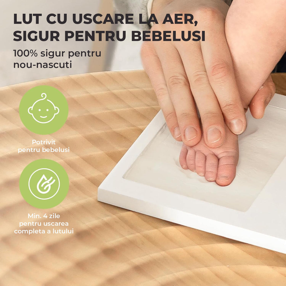 Kit Amprenta Bebe cu Lut Non-Toxic si Rama Foto Elindor® Personalizabil, pentru Maini si Picioare, Cadou Ideal pentru Botez, Zi de Nastere si Baby Shower, Set Complet cu Etichete, Pigment si Cutie de Cadou, Design Elegant, Alb