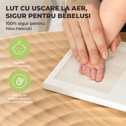 Kit Amprenta Bebe cu Lut Non-Toxic si Rama Foto Elindor® Personalizabil, pentru Maini si Picioare, Cadou Ideal pentru Botez, Zi de Nastere si Baby Shower, Set Complet cu Etichete, Pigment si Cutie de Cadou, Design Elegant, Alb