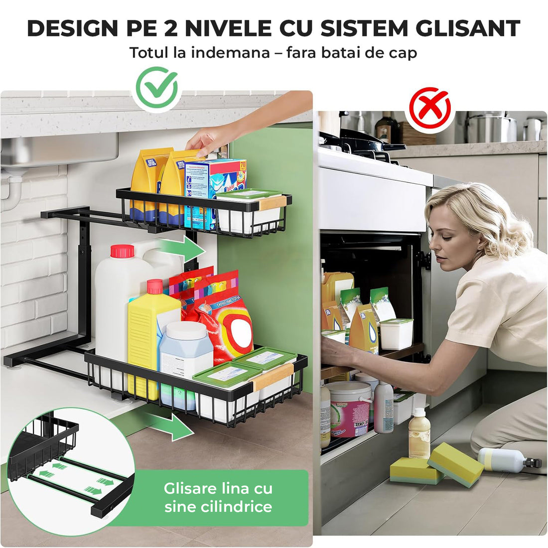Organizator Multifunctional Elindor® pe 2 Nivele, 2x Sertar Glisant, Montat pe Blat sau in Dulap sub Chiuveta, Suport Metalic Organizare, pentru Bucatarie, Baie, Camara, Bar, Raft cu Sertare Depozitare Legume, Detergenti, Parfumuri, 40×30×43 cm, Negru