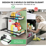 Organizator Multifunctional Elindor® pe 2 Nivele, 2x Sertar Glisant, Montat pe Blat sau in Dulap sub Chiuveta, Suport Metalic Organizare, pentru Bucatarie, Baie, Camara, Bar, Raft cu Sertare Depozitare Legume, Detergenti, Parfumuri, 40×30×43 cm, Negru