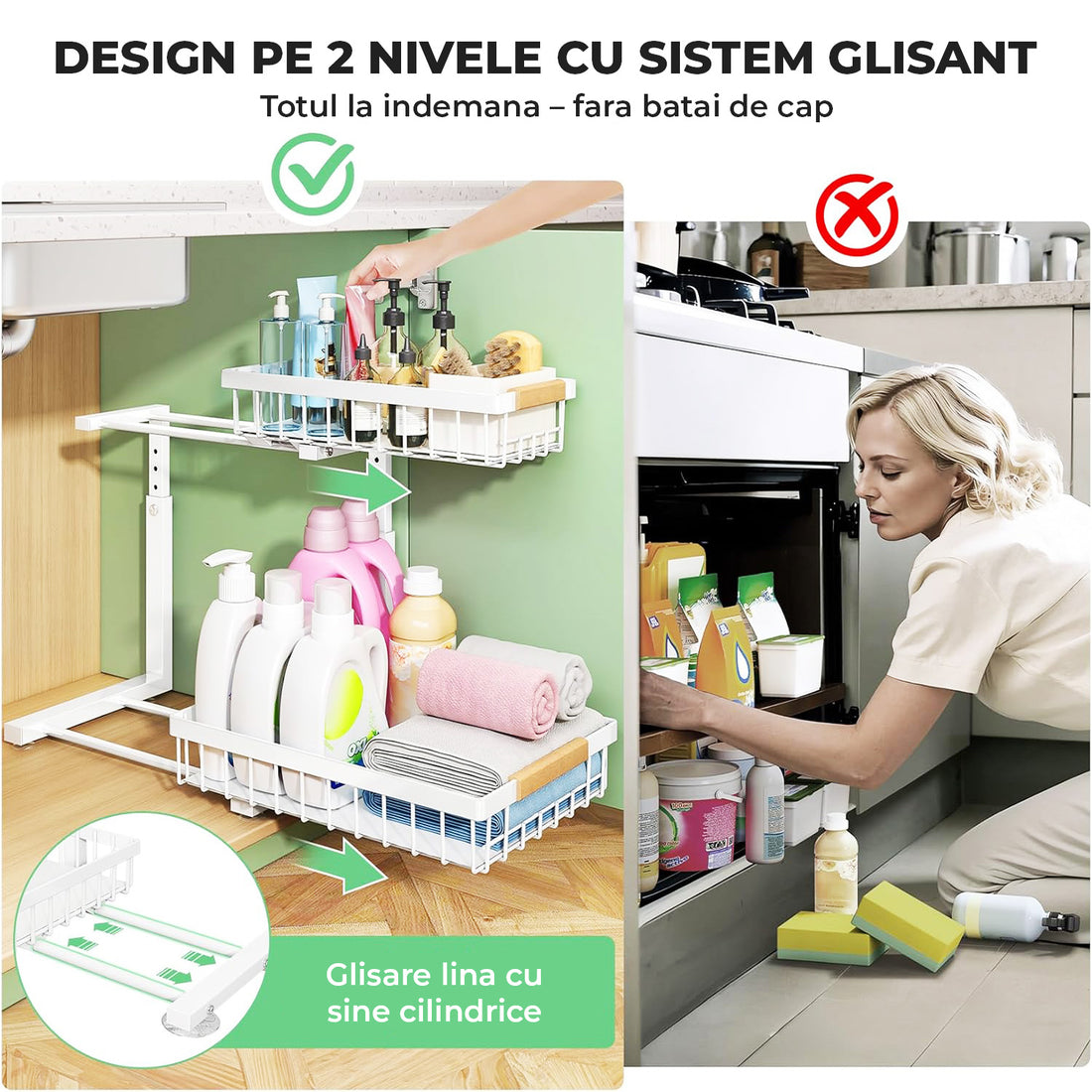 Organizator Multifunctional Elindor® pe 2 Nivele, 2x Sertar Glisant, Montat pe Blat sau in Dulap sub Chiuveta, Suport Metalic Organizare, pentru Bucatarie, Baie, Camara, Bar, Raft cu Sertare Depozitare Legume, Detergenti, Parfumuri, 40.×30×43 cm, Alb