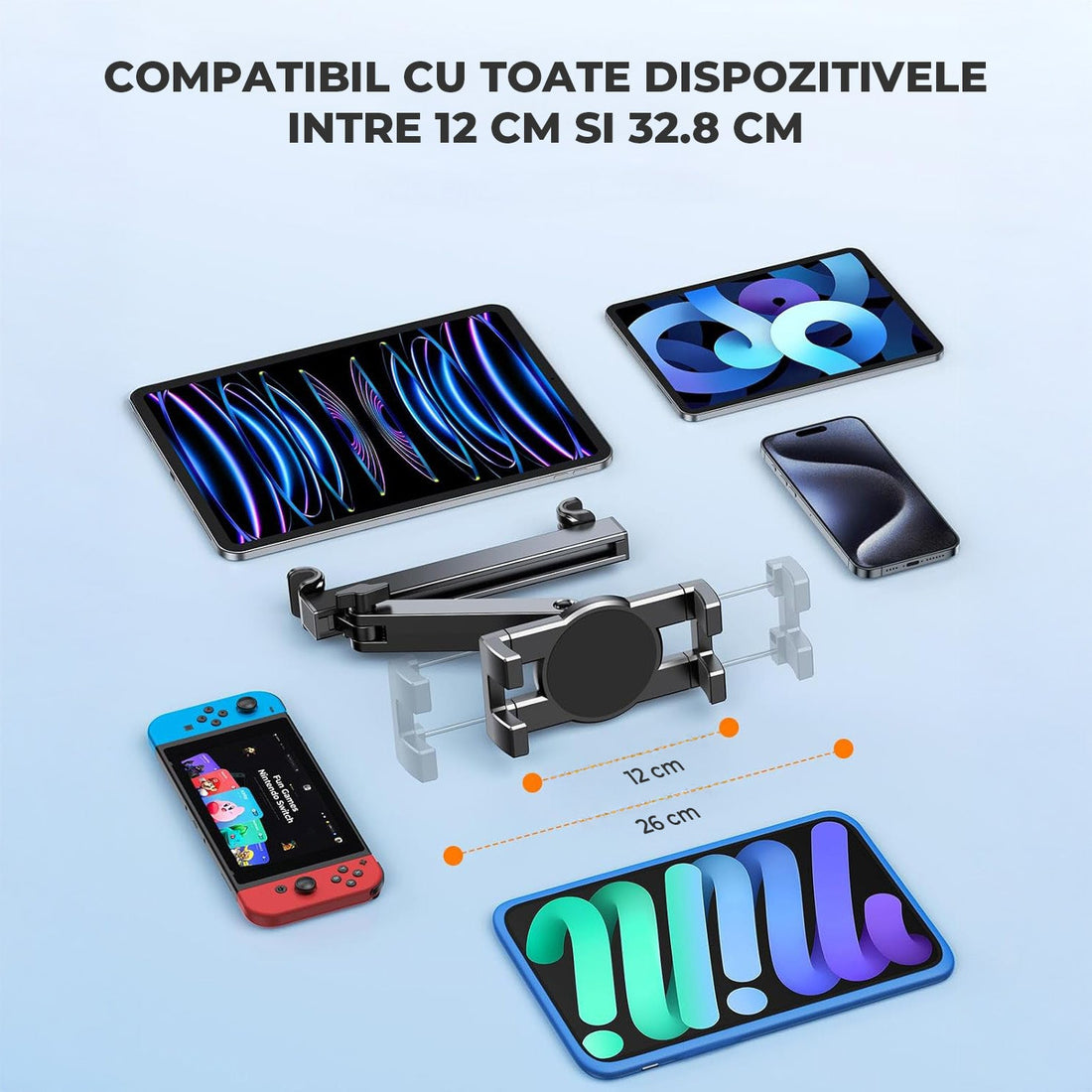 Suport Auto Tetiera Elindor® pentru Tablete si Telefoane, Pliabil, Extensibil, Rotire 360°, Compatibil 4,7-12,9", Negru