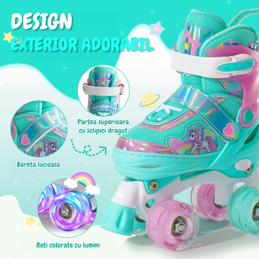 Role Reglabile Elindor® pentru Copii, Fete si Baieti, 4 Roti cu Lumini Quad, Ajutatoare, Rotile din Silicon, Rulmenti ABEC-7, Aluminiu / Poliuretan, Marimea L, 37-39, Model Unicorn, Verde