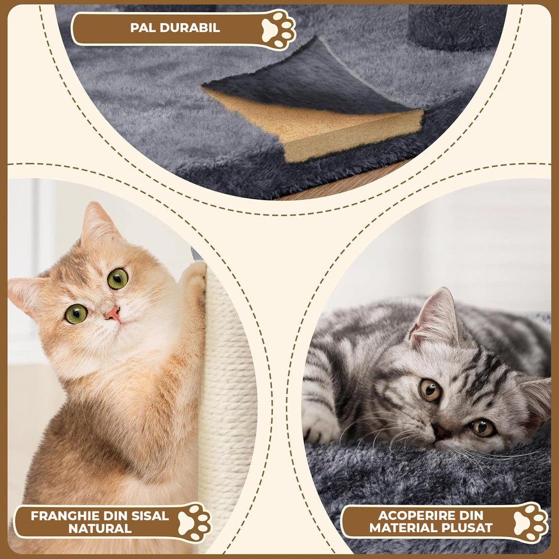 Ansamblu de Joaca Elindor® pentru Pisici, Post pentru Zgariat din Sisal, Stalp pentru Ascutit Gheare, Baza Solida, 2x Pat Moale pentru Dormit, Accesorii Animale de Companie, Montare Usoare, Gri