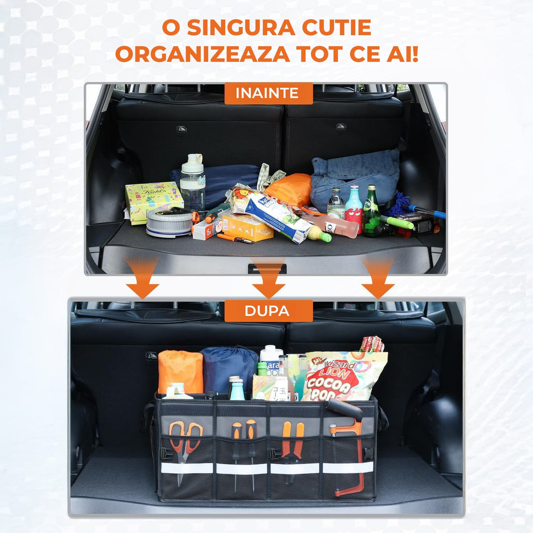 Organizator Negru Portbagaj Auto Elindor®, Cutie Pliabila, Geanta Depozitare, Compartimentare Practica, Accesorii Interior Masina, Plasa Elastica, Suport Bagaje, Organizare Rapida