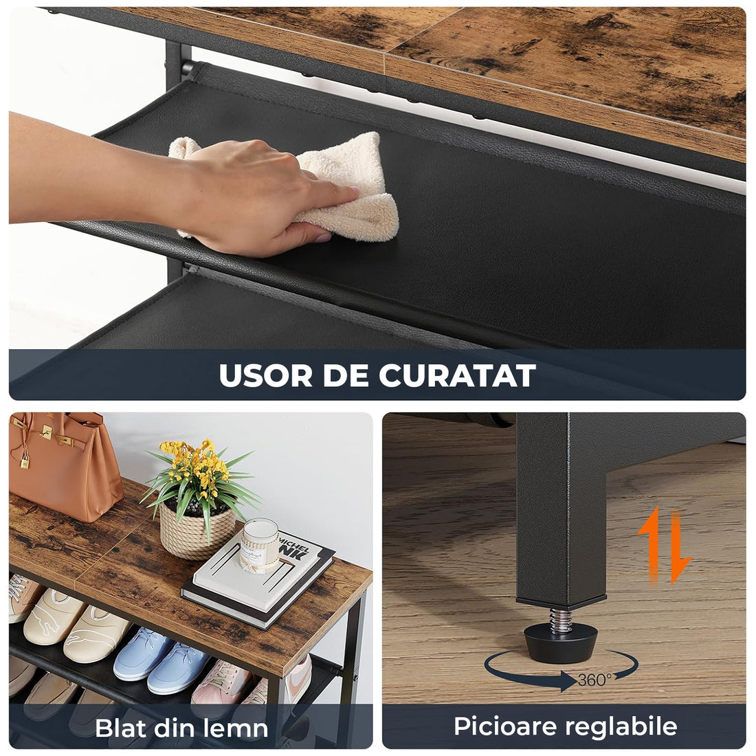 Organizator pentru Pantofi Elindor® Pantofar cu 5 Nivele Mari, Fara Gauri, Suport Metalic si MDF pentru Papuci, Dulap Hol, Dormitor, Economisire Spatiu, Depozitare Incaltaminte, 75 x 30 x 90 cm, Negru/Maro
