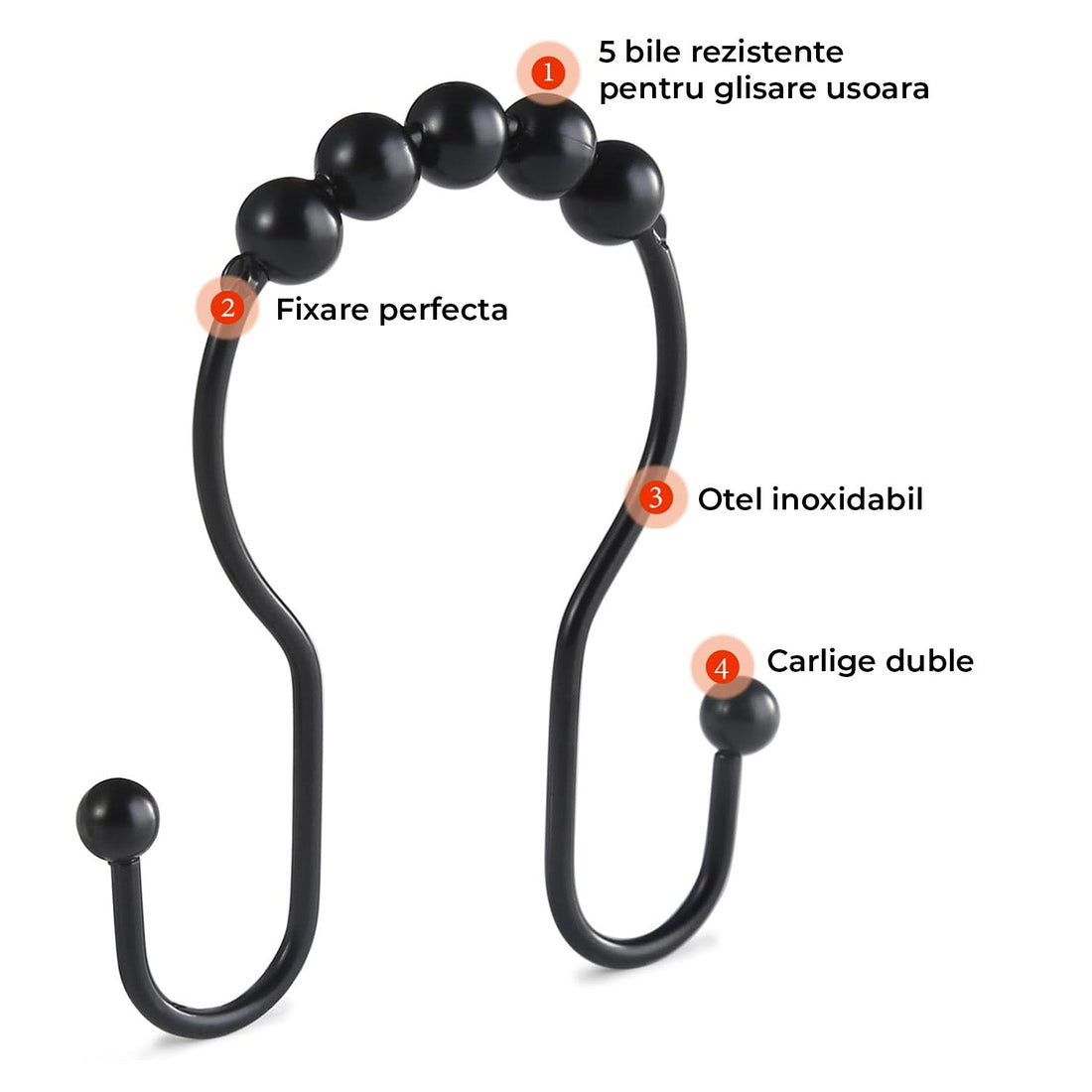 Set 12 Inele Negre pentru Perdea Dus Elindor®, Accesorii Baie, Agatatoare Inox, Anticadere, Rezistente la Coroziune, Decoratiuni Metalice, Ideal pentru Bara si Prindere Usoara