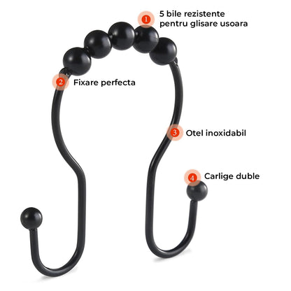Set 12 Inele Negre pentru Perdea Dus Elindor®, Accesorii Baie, Agatatoare Inox, Anticadere, Rezistente la Coroziune, Decoratiuni Metalice, Ideal pentru Bara si Prindere Usoara