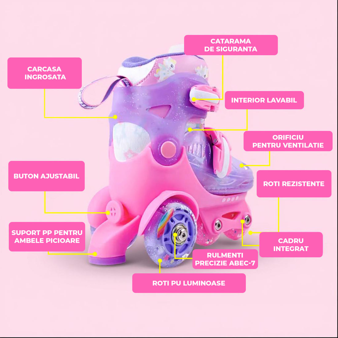 Role Reglabile Elindor® pentru Copii, Fete si Baieti, 4 Roti cu Lumini, Platforma in Triunghi, Ajutatoare pentru Incepatori, Rotile din Silicon, Rulmenti Aluminiu / Poliuretan, Marimea S, 28-32, Roz