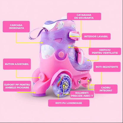 Role Reglabile Elindor® pentru Copii, Fete si Baieti, 4 Roti cu Lumini, Platforma in Triunghi, Ajutatoare pentru Incepatori, Rotile din Silicon, Rulmenti Aluminiu / Poliuretan, Marimea XS, 25-27.5, Roz