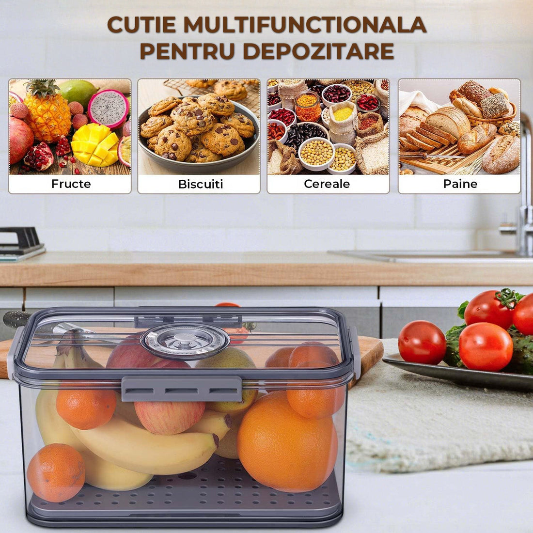 Cutie Depozitare Alimente Etansa Elindor® cu Supapa de Aer, Scala de Timp, Tava Scurgere si Capac Rezistent, Gri