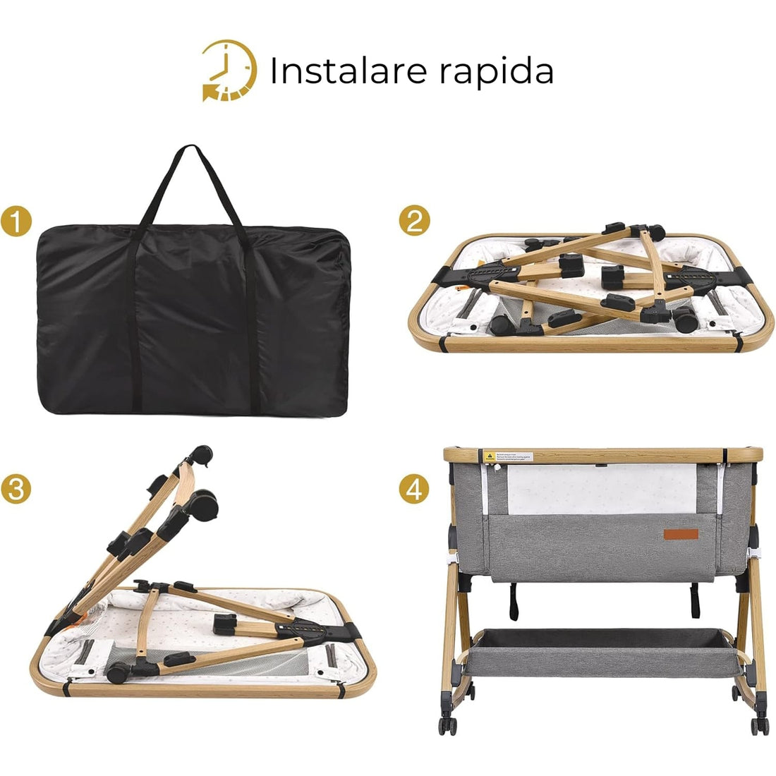 Pătuț Pliabil pentru Bebeluși Elindor®, 3 în 1, Leagăn, 6 Trepte de Înălțime Reglabile