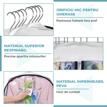 Set 3 Huse Depozitare Elindor® pentru Haine Dulap, Organizator pentru Dormitor Studentesc, Organizatoare Mari cu 8 Umerase, Organizare Multifunctionala, Separator Haine cu Fermoar Lateral, 100 x 60 x 25 cm, Transparent