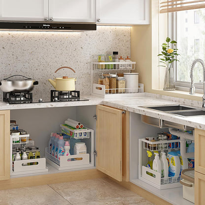 Organizator Multifunctional Elindor® 2 Nivele, pe Blat / in Dulap sub Chiuveta, Sertar Glisant, Suport Metalic Organizare, Ideal pentru Bucatarie, Baie, Camara, Bar, Raft cu Sertare Depozitare Legume, Fructe, Detergenti, Parfumuri, 36 x 27 x 28.5, Alb