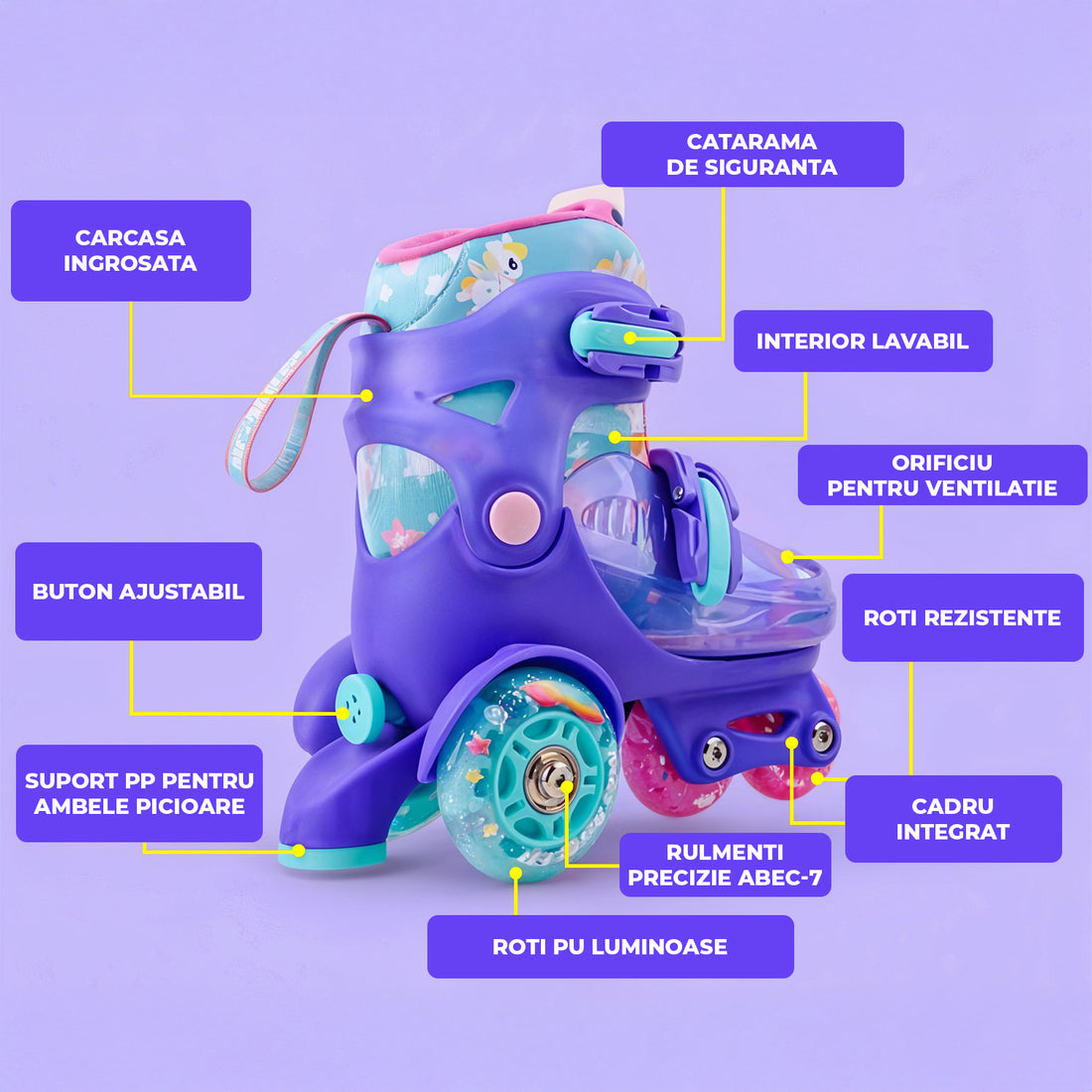 Role Reglabile Elindor® pentru Copii, Fete si Baieti, 4 Roti cu Lumini, Platforma in Triunghi, Ajutatoare pentru Incepatori, Rotile din Silicon, Rulmenti Aluminiu / Poliuretan, Marimea S, 28-32, Mov