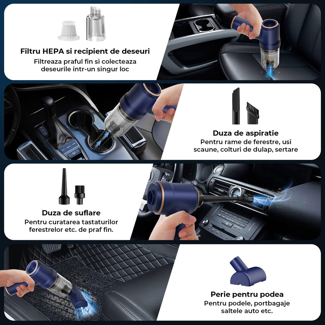 Aspirator Auto 2 in 1 Portabil Elindor® Fara Fir 9000Pa cu Functie de Suflare si Lumina LED, 120W, Acumulator 4000mAh, Albastru