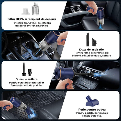 Aspirator Auto 2 in 1 Portabil Elindor® Fara Fir 9000Pa cu Functie de Suflare si Lumina LED, 120W, Acumulator 4000mAh, Albastru