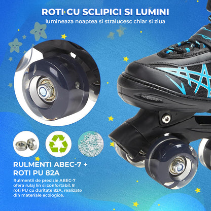 Role Reglabile Elindor® pentru Copii, Fete si Baieti, 4 Roti cu Lumini Quad, Ajutatoare, Rotile din Silicon, Rulmenti ABEC-7, Aluminiu / Poliuretan, Marimea S,28-32, Model Unicorn, Negru / Albastru