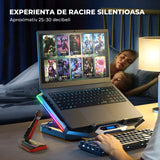 Cooler Laptop Elindor® cu 8 Ventilatoare Silentioase, RGB, Reglaj Inaltime, Afisaj Digital LCD, Suport Telefon, Negru