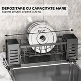 Scurgere Tacamuri cu Scurgere Automata Elindor®, Suport pentru Chiuveta, Bureti, Perii, Lavete, Detergent, Sticle, Cutii Inox, Cu Suport Prosop, Montaj Pe Blat Sau Perete, Metal Durabil 30,5×9×11 cm, Negru