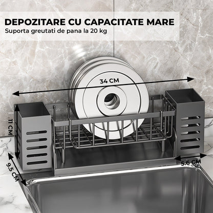 Scurgere Tacamuri cu Scurgere Automata Elindor®, Suport pentru Chiuveta, Bureti, Perii, Lavete, Detergent, Sticle, Cutii Inox, Cu Suport Prosop, Montaj Pe Blat Sau Perete, Metal Durabil 30,5×9×11 cm, Negru