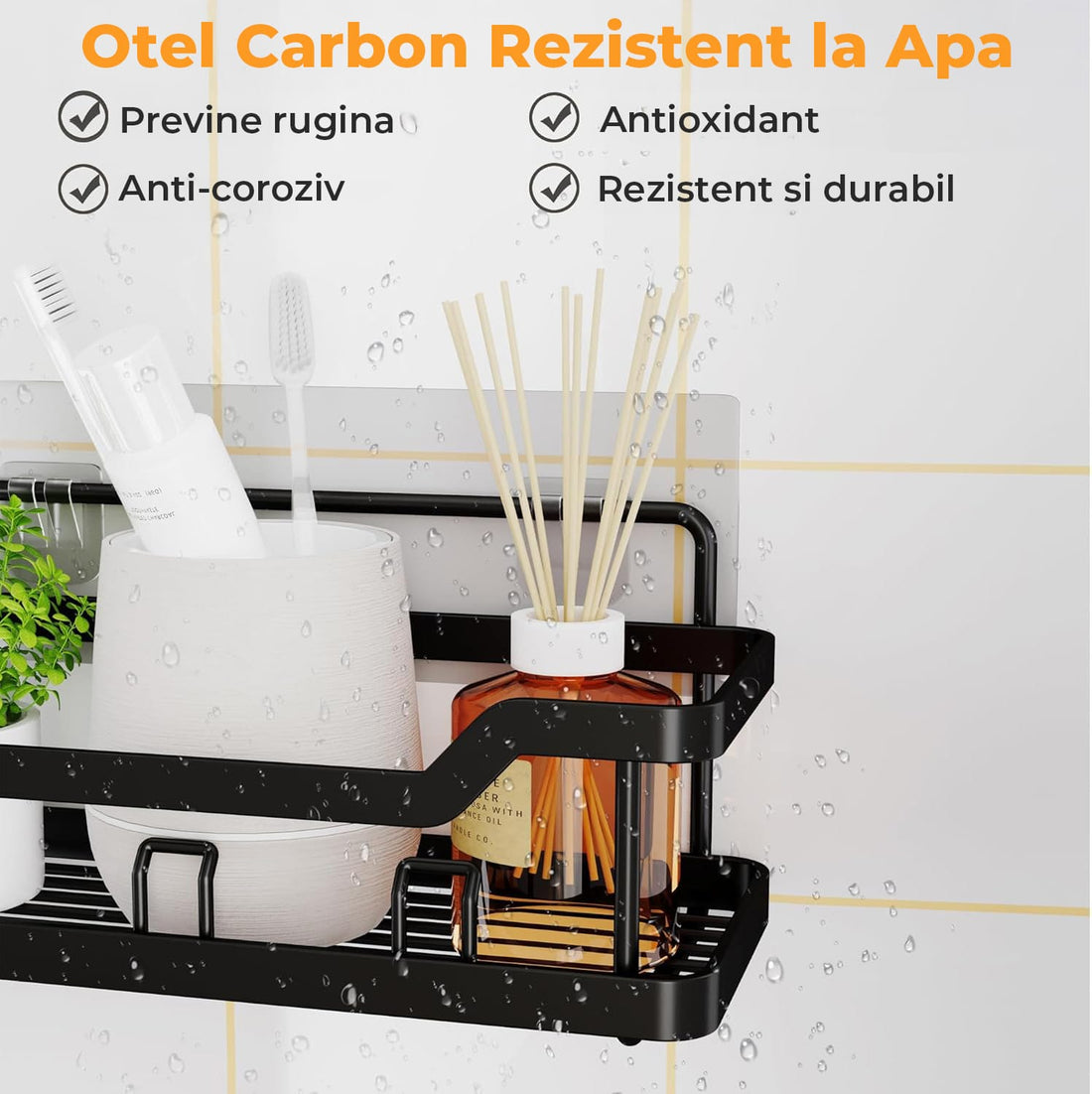 Set 5 Etajere Autoadezive Elindor® Rfturi de Dus, Otel Carbon, Fixare Fara Gauri, Negru