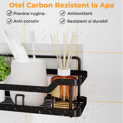 Set 5 Etajere Autoadezive Elindor® Rfturi de Dus, Otel Carbon, Fixare Fara Gauri, Negru