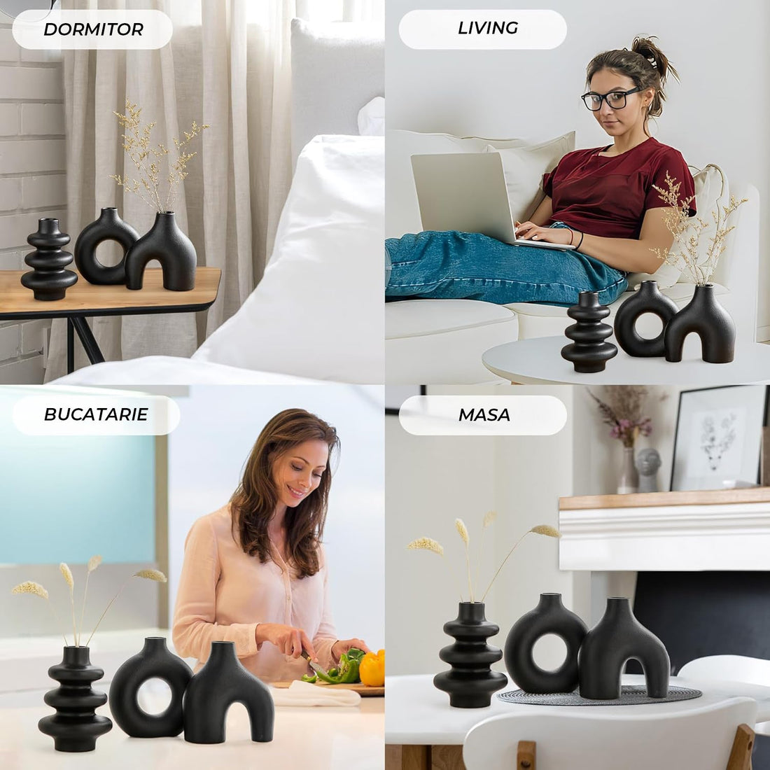 Set 3 Vaze Ceramica Elindor® cu Forme Abstracte, Decor Contemporan, Dimensiuni Diferite, Negru