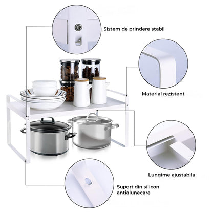Raft Elindor® din Inox, Extensibil pentru Bucatarie, Organizator Metalic Reglabil, Ideal ca Etajera Depozitare in Camara sau Birou, Perfect pentru Condimente, Vesela, Farfurii, Stabil si Compact, Polita pentru Obiecte Diverse, 36-60x26x28 cm, Alb