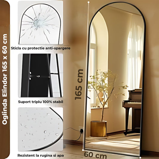 Oglinda de Podea Elindor®, 165 x 60 cm, cu Suport, Montare pe Perete, Oglinda Corp Intreg Pentru Dormitor, Living, Birou sau Dulap, cu Rama Tip Arcada din Aluminiu, Usoara, Multifuntionala, Reglabila, Negru